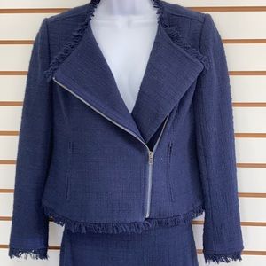 J. CREW Tweed Moto 2 pc Suit Set Jacket (6) ; Skirt (4) Navy Blue Tweed Fringe
